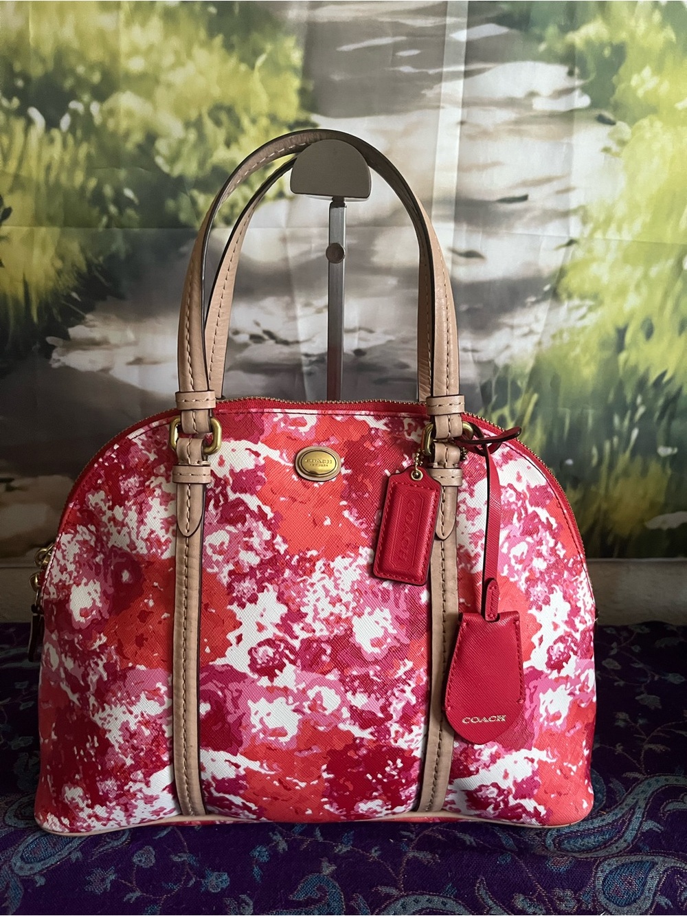Coach Peyton  Red & Pink Floral Dome Satchel with Tan Handles
